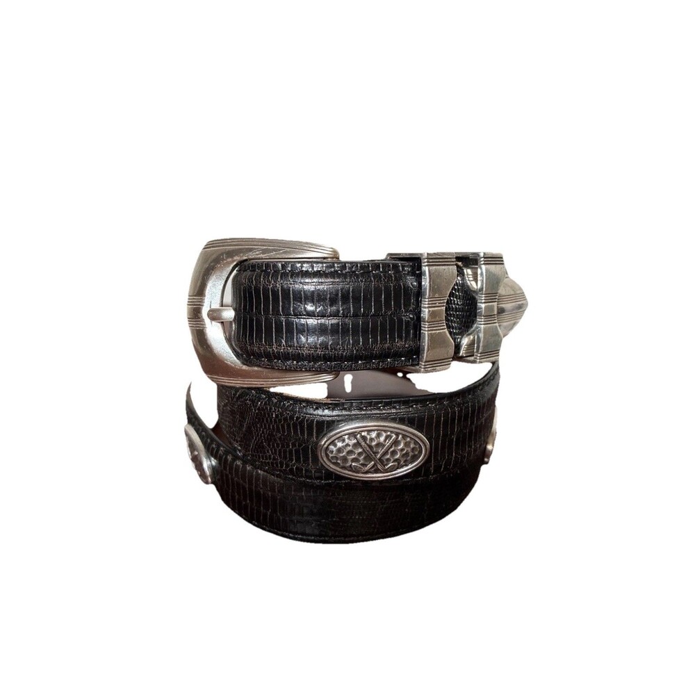 Fullerton Vintage Golf Concho Lizard Embossed Leather Belt Size 36 Black Western